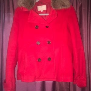 Banana Red Peacoat w removable “fur” collar